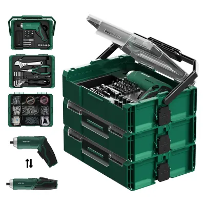 Green Lion 213-piece Tool Kit With Cordless Screwdriver, Usb-c Charging, Led Light, Adjustable Handle, And Storage Box